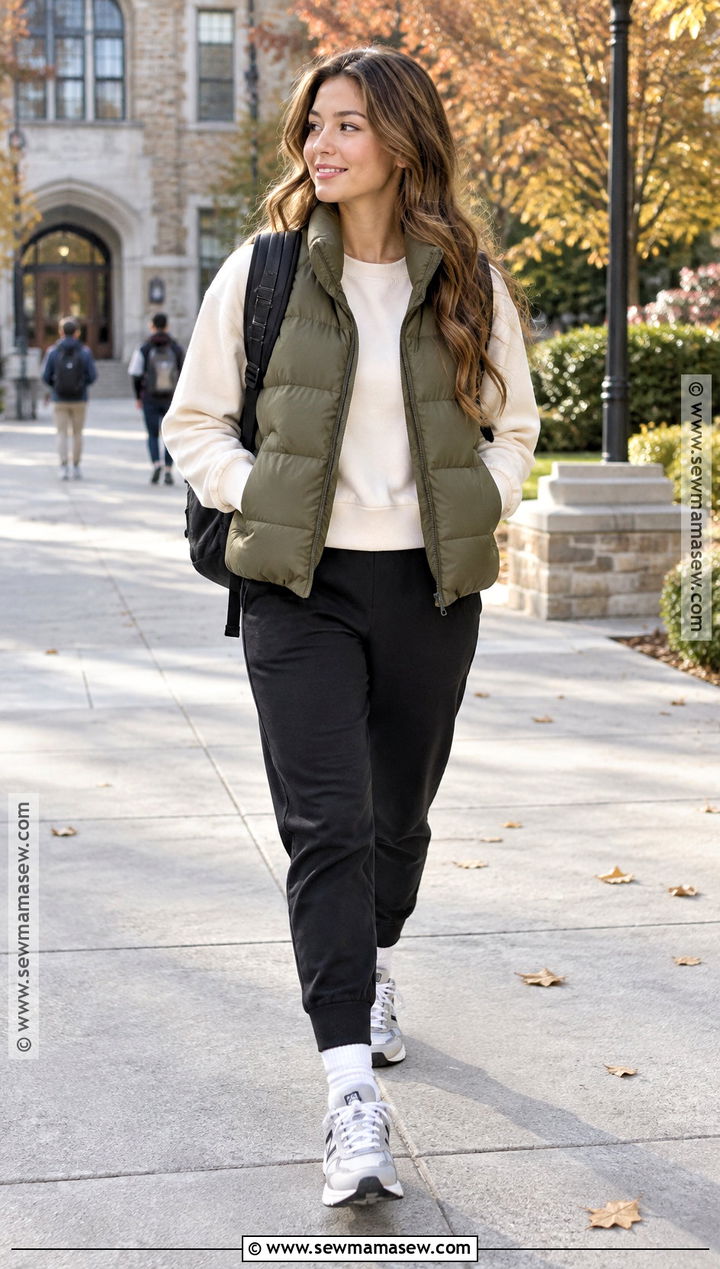 Puffer Vest and Joggers Fall School Outfit - 15 cute outfits for school for highschool fall