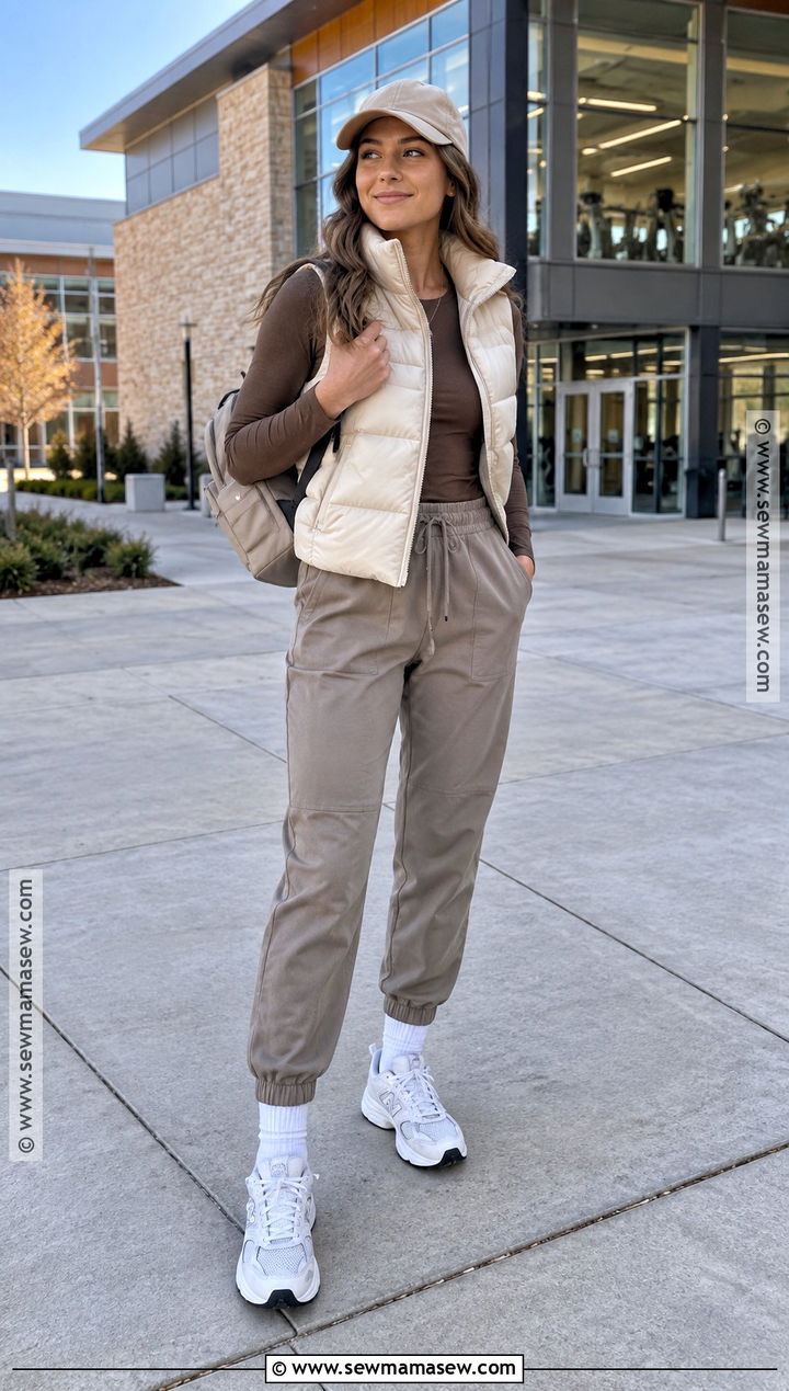 Puffer Vest and Joggers University Outfit - 20 university outfit autumn ideas