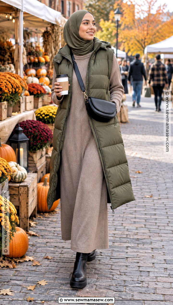 Puffer Vest and Knit Maxi Dress Hijab Outfit - 25 fall hijab outfits