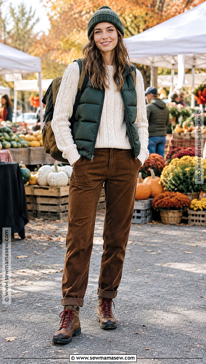Puffer Vest and Knit Sweater Autumn Outfit - 25 Autumn Aesthetic Cozy Outfit Ideas