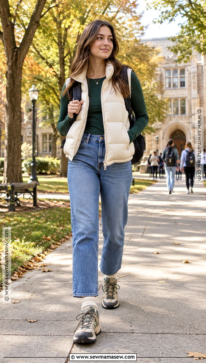Puffer Vest and Long Sleeve Tee Fall Class Outfit - 25 fall class outfits