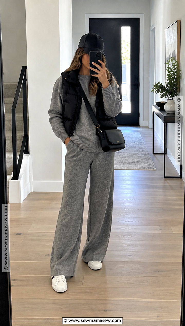 Puffer Vest and Matching Knit Set Fall Outfit - 25 Fall Outfit Inspo Ideas 2026