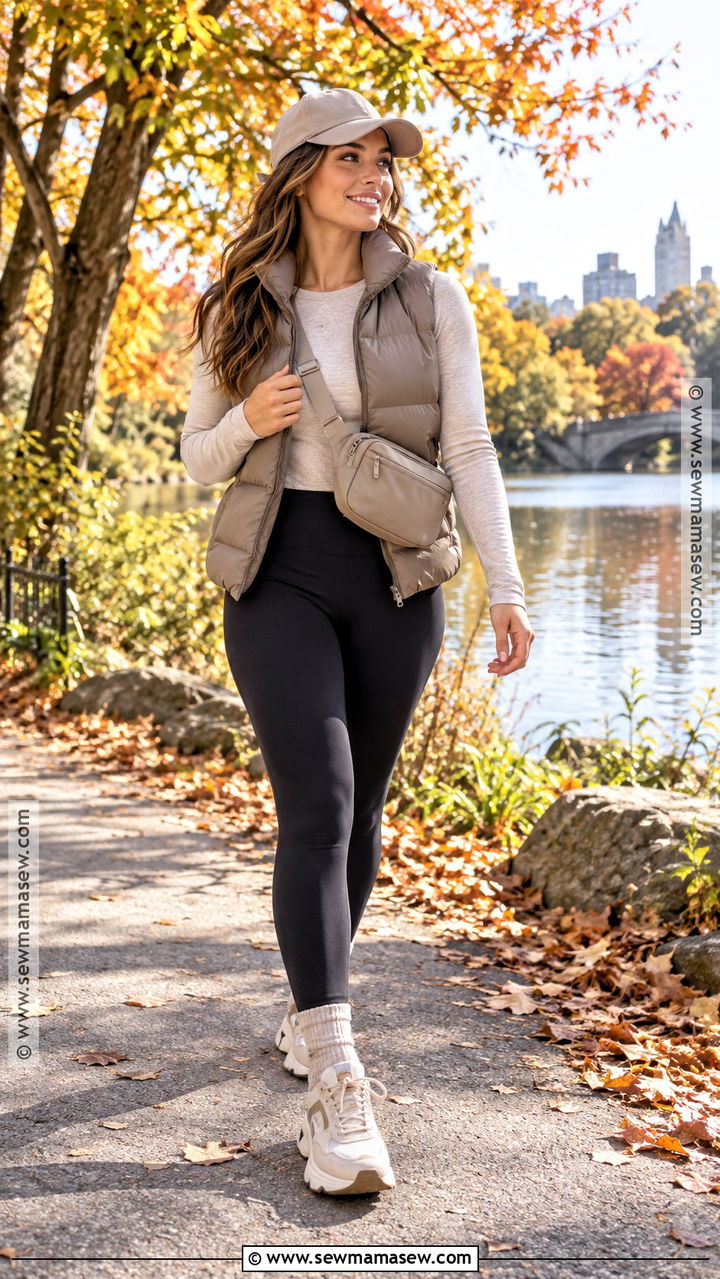 Puffer Vest and Neutral Activewear Outfit - 20 Neutral Fall Outfits for Women