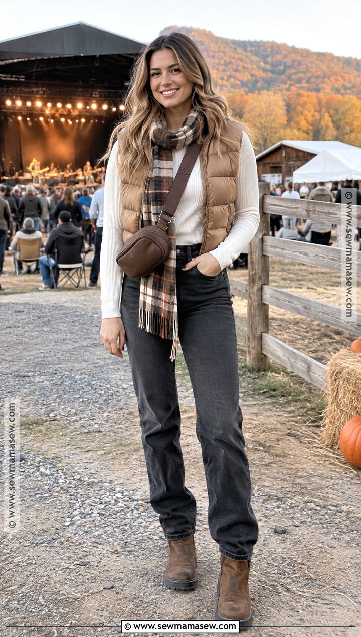 Puffer Vest and Straight Leg Jeans Country Festival Outfit - 20 country festival outfit fall ideas