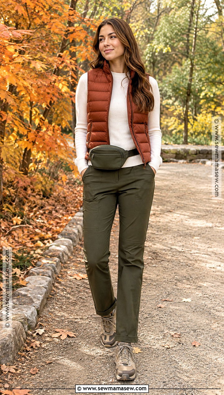 Puffer Vest and Travel Pants Fall Outdoor Outfit - 15 fall weekend getaway outfits capsule wardrobe