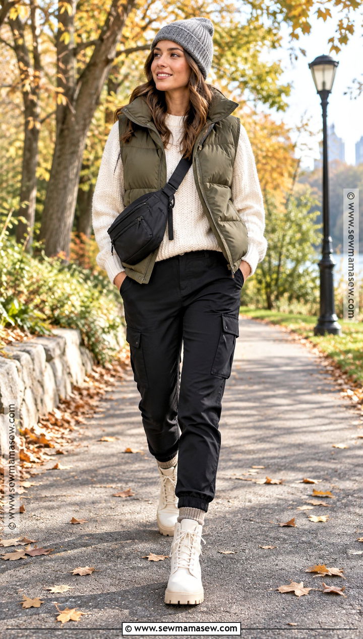 Puffer Vest and White Lug Sole Boots - 20 white boots outfit fall