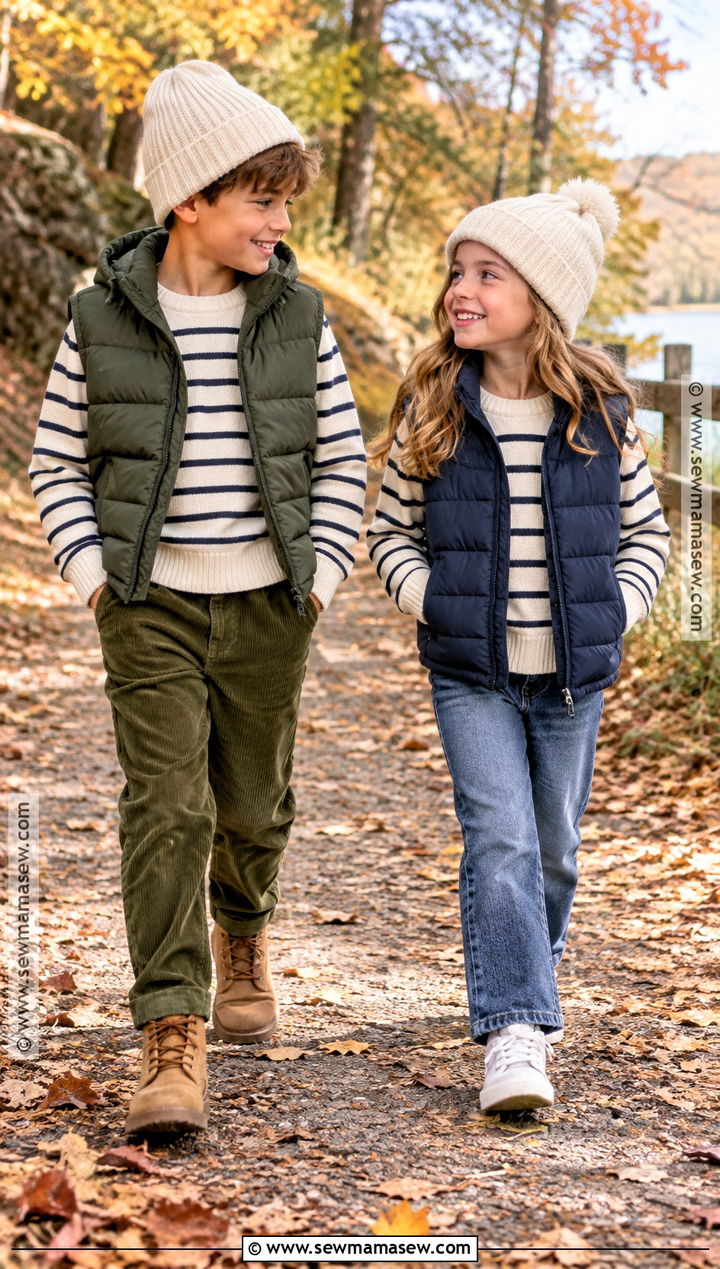 Puffer Vests And Striped Shirts Sibling Fall Outfit - 15 sibling fall outfits