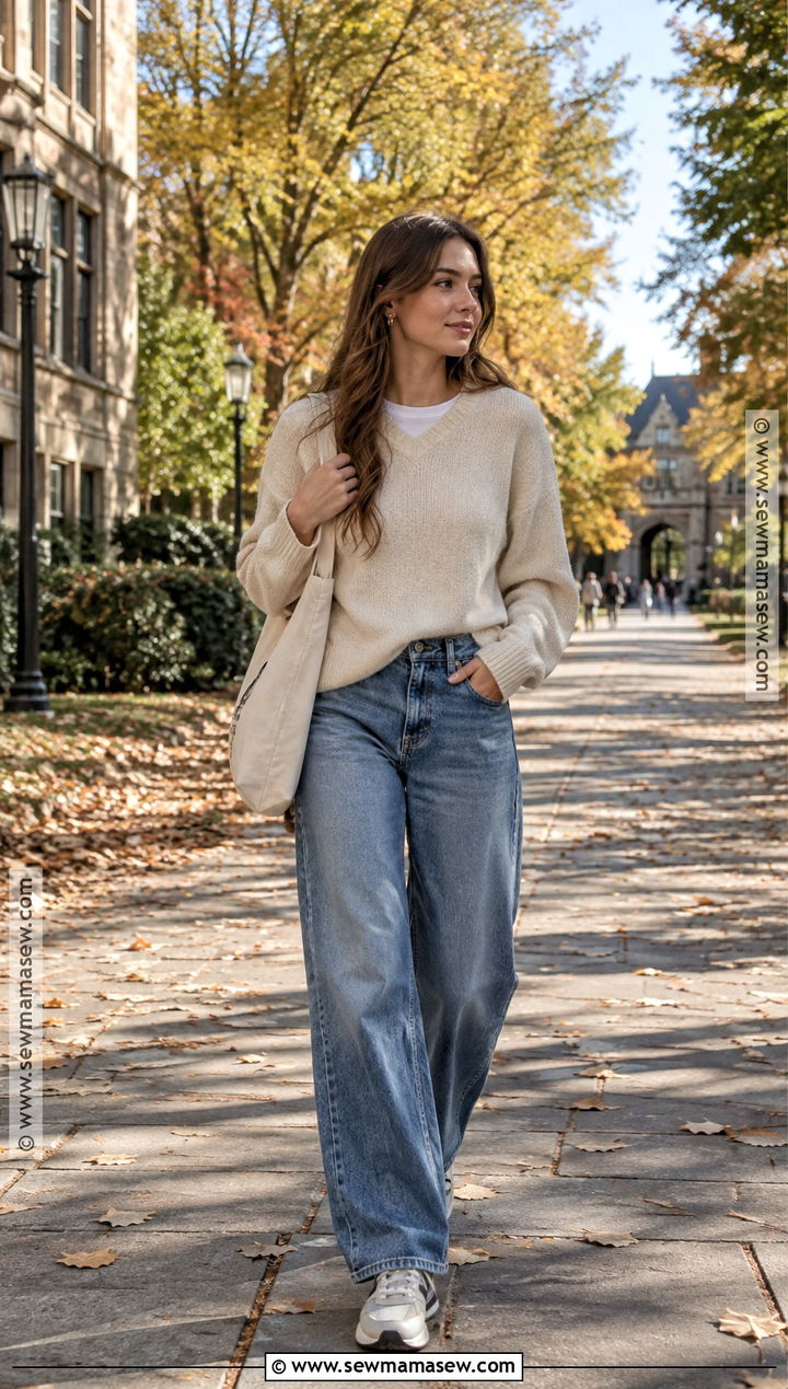 Pullover Sweater And Wide Leg Jeans Back To School Outfit - 20 back to school outfits simple