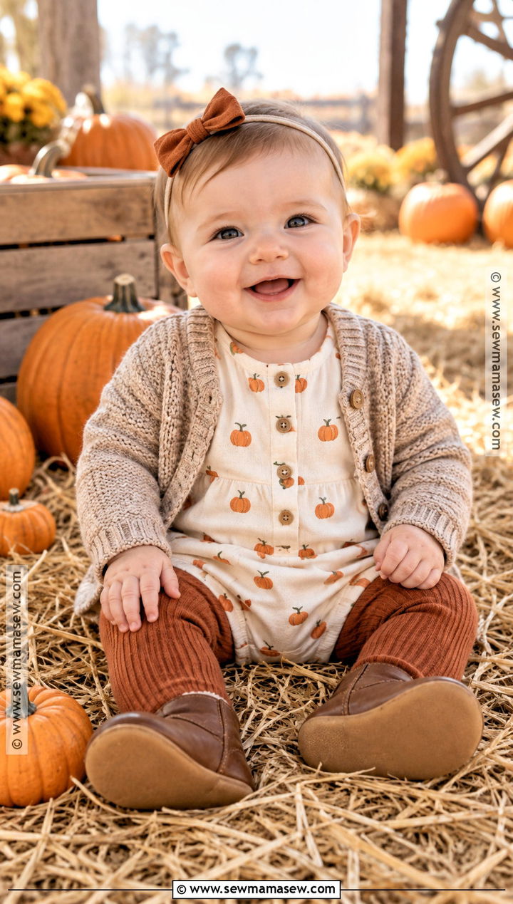 Pumpkin Baby Romper With Cardigan And Tights - 15 cozy fall baby outfit ideas
