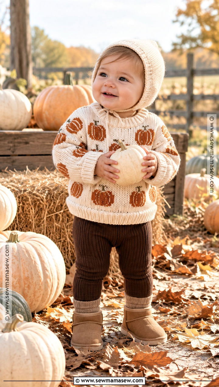 Pumpkin Baby Sweater With Brown Leggings - 15 Cute Baby Sweater Fall Ideas