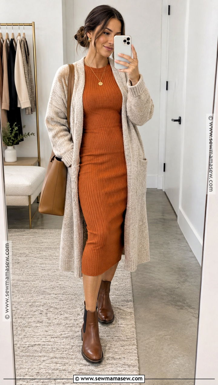 Pumpkin Bodycon Dress With Long Cardigan - 15 pumpkin dress ideas for women