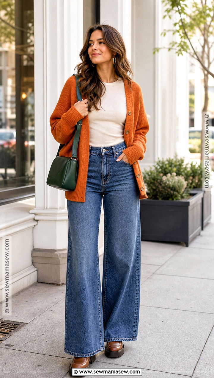 Pumpkin Cardigan And Wide Leg Jeans Outfit - 30 Spooky Season Outfits