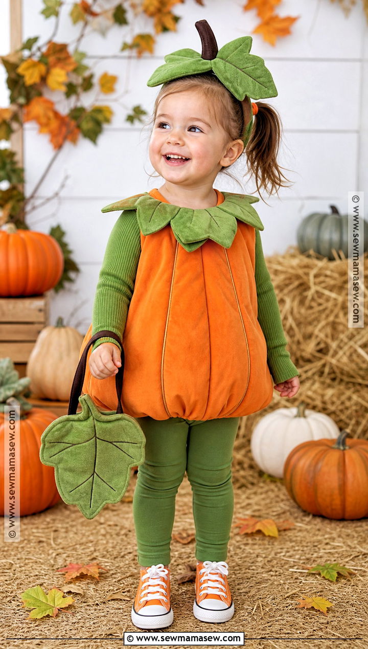 Pumpkin Costume With Green Leaf Hat - 30 toddler girl costume ideas