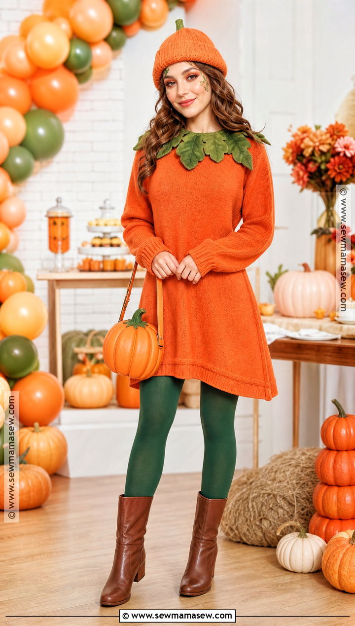 Pumpkin Costume With Orange Sweater Dress - 30 Halloween Party Costume Ideas