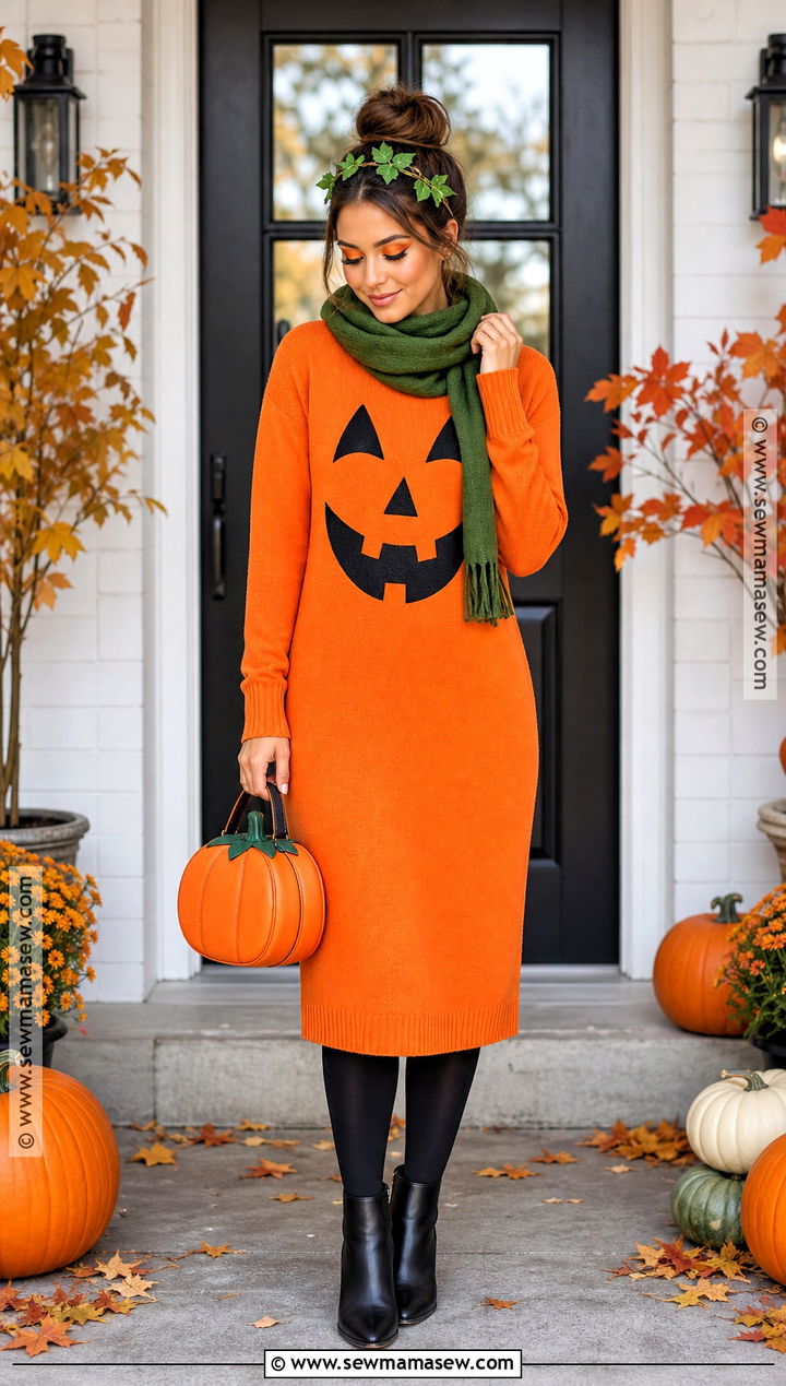 Pumpkin Costume With Orange Sweater Dress - 40 Modest Halloween Costumes