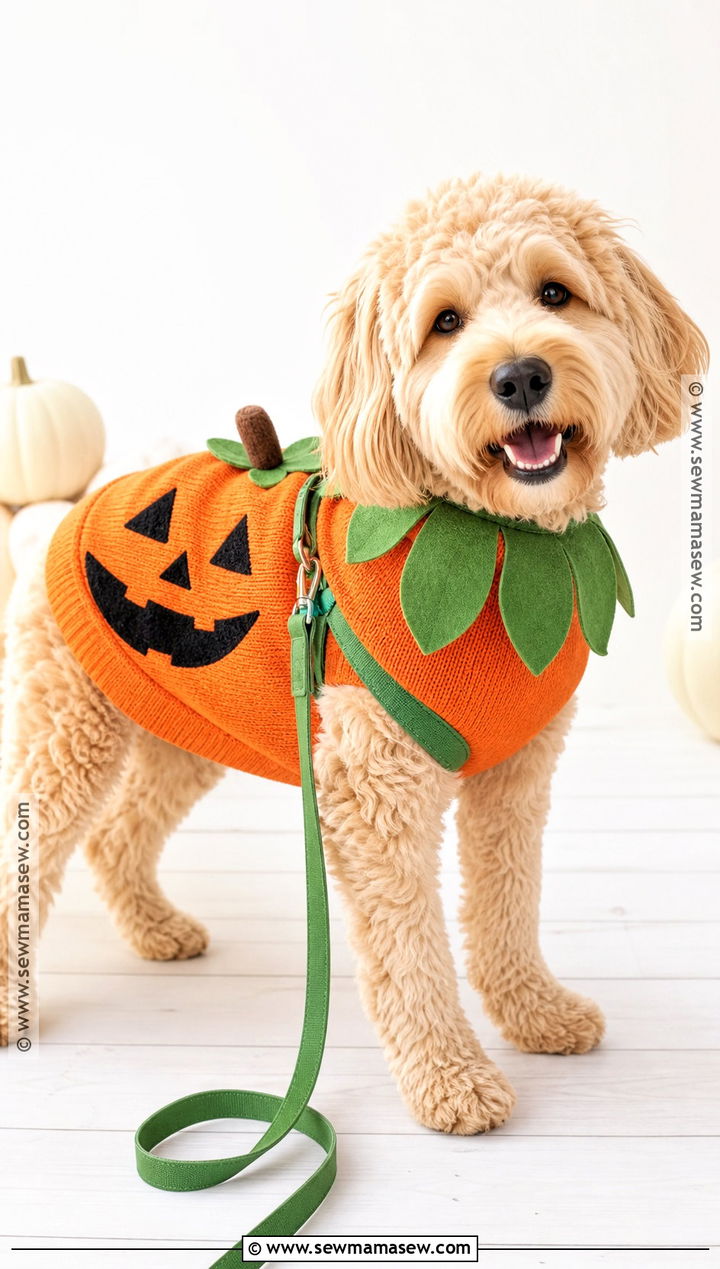 Pumpkin Dog Costume With Green Collar - 35 dog costume ideas
