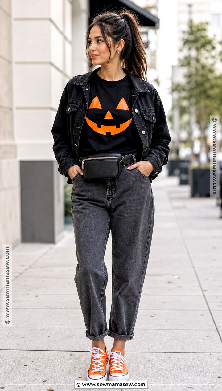 Pumpkin Face Halloween Shirt With Orange Sneakers - 35 Halloween Shirt Ideas