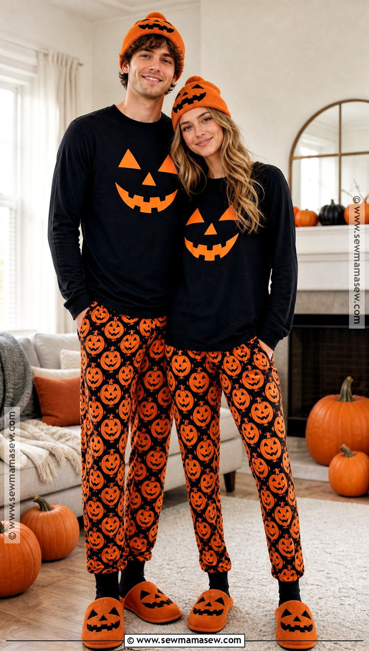 Pumpkin Face Matching Couple Halloween Pajamas - 30 matching halloween pajamas