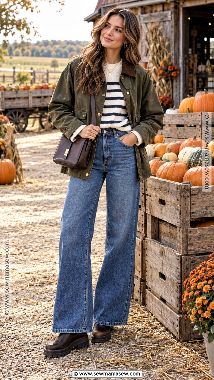 Pumpkin Farm Outfit With Barn Jacket and Wide Leg Jeans - 20 Pumpkin Farm Outfit Ideas for Women