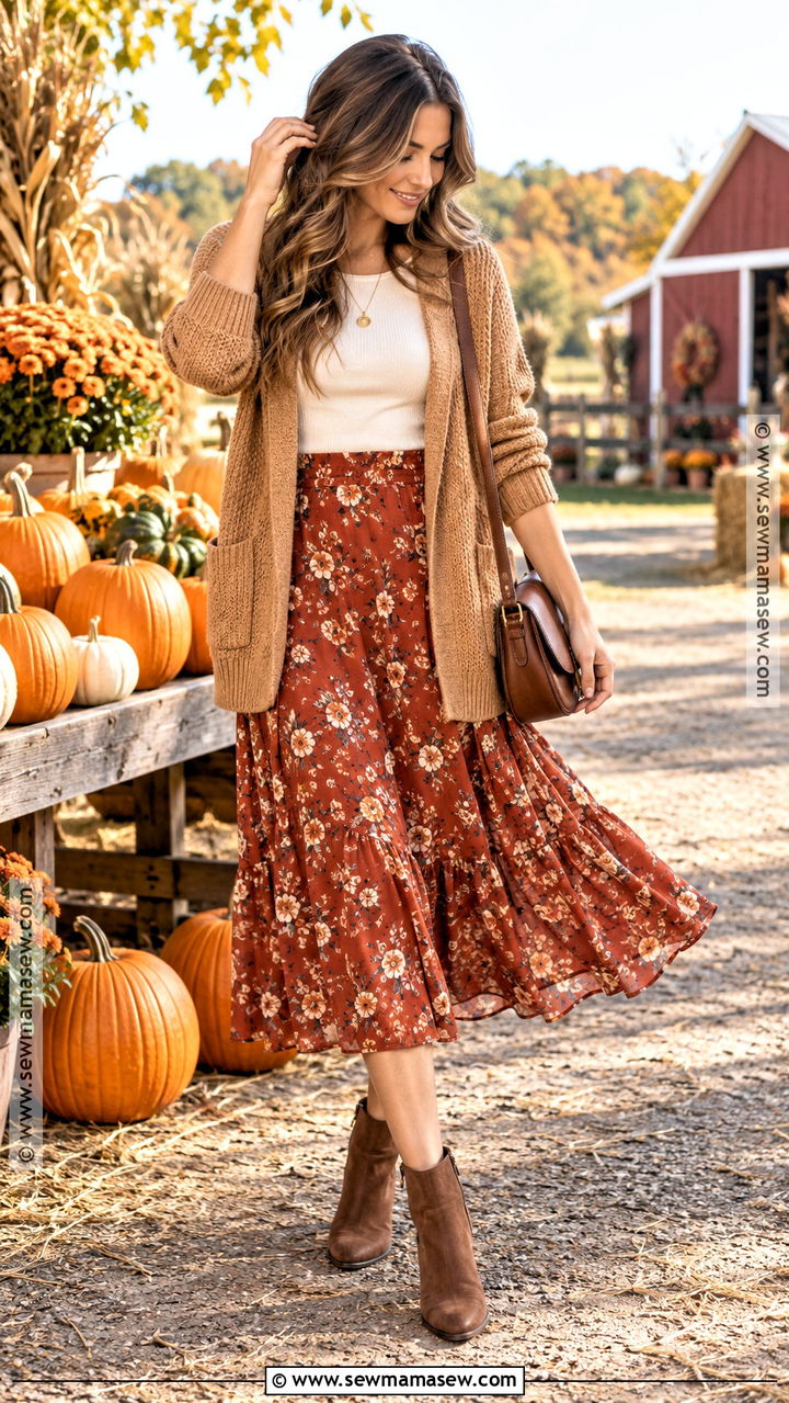 Pumpkin Farm Outfit With Cardigan and Midi Skirt - 20 Pumpkin Farm Outfit Ideas for Women