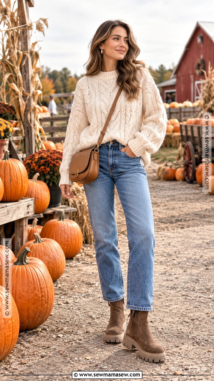 Pumpkin Farm Outfit With Chunky Sweater and Jeans - 20 Pumpkin Farm Outfit Ideas for Women