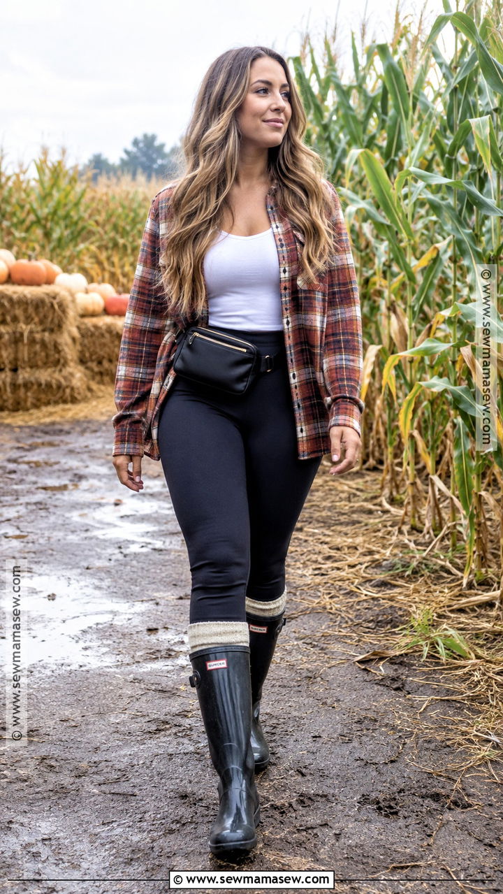 Pumpkin Farm Outfit With Flannel Shirt and Leggings - 20 Pumpkin Farm Outfit Ideas for Women
