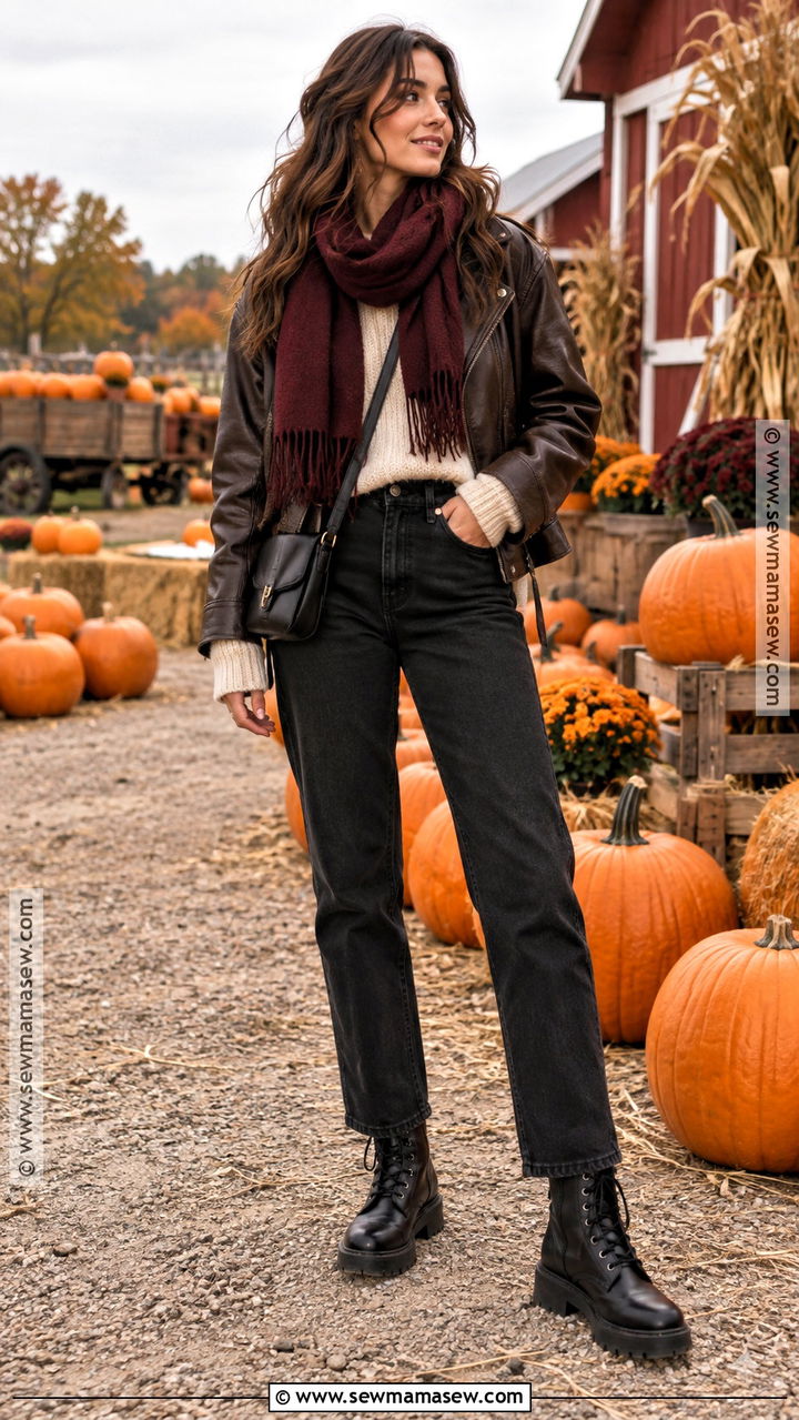 Pumpkin Farm Outfit With Leather Jacket and Combat Boots - 20 Pumpkin Farm Outfit Ideas for Women