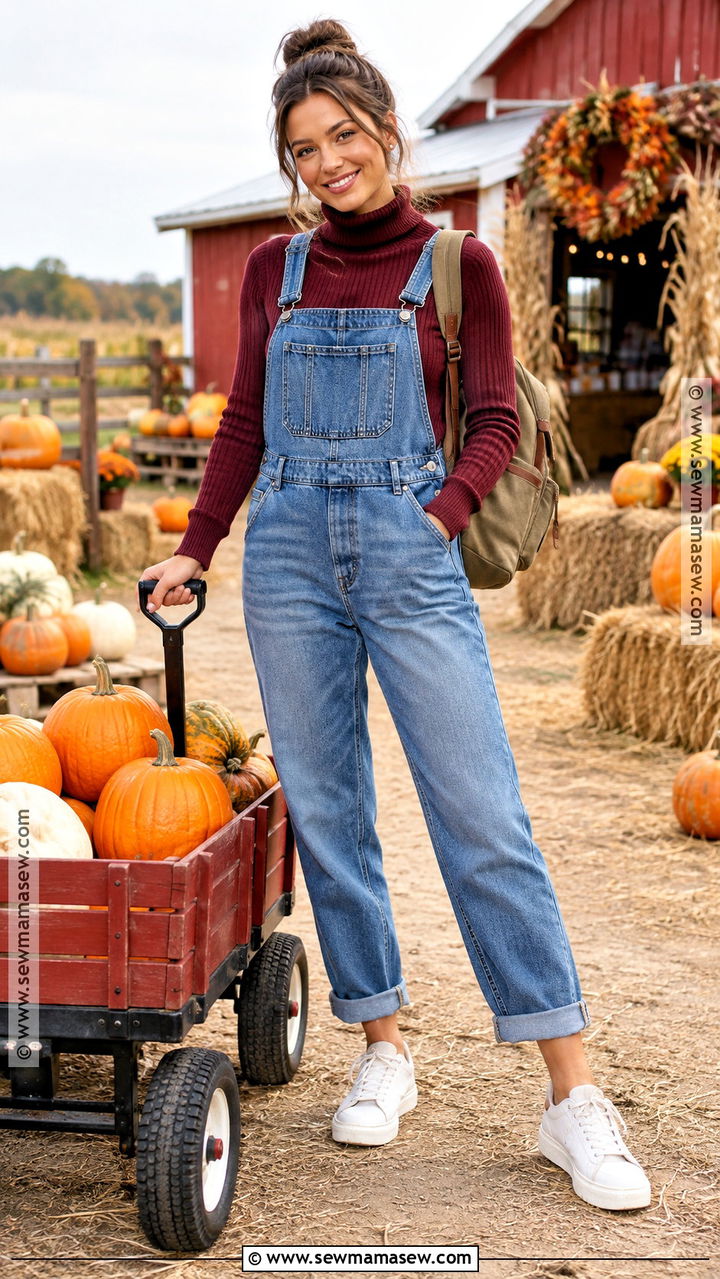 Pumpkin Farm Outfit With Overalls and Turtleneck - 20 Pumpkin Farm Outfit Ideas for Women