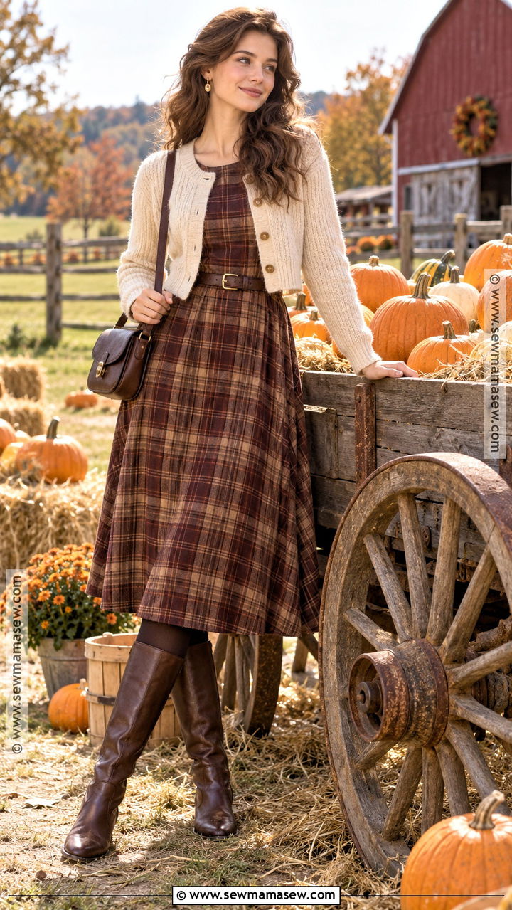 Pumpkin Farm Outfit With Plaid Dress and Cardigan - 20 Pumpkin Farm Outfit Ideas for Women