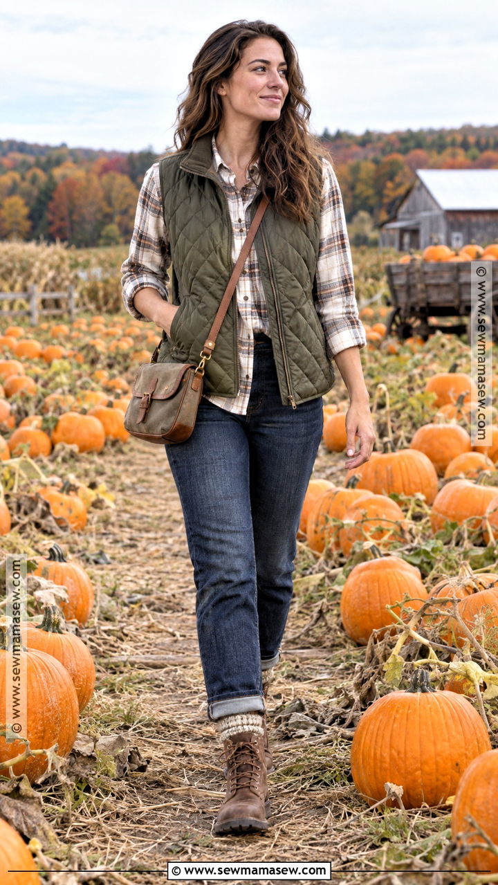 Pumpkin Farm Outfit With Quilted Vest and Plaid Shirt - 20 Pumpkin Farm Outfit Ideas for Women