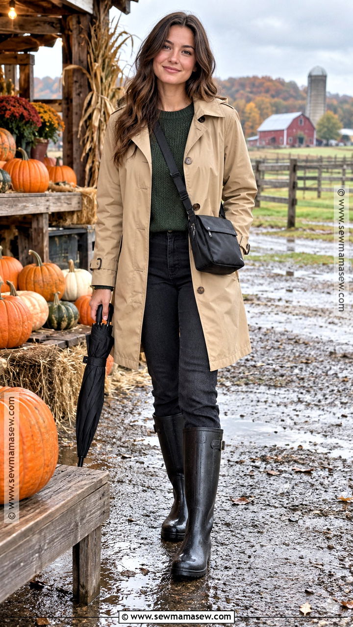 Pumpkin Farm Outfit With Trench Coat and Rain Boots - 20 Pumpkin Farm Outfit Ideas for Women