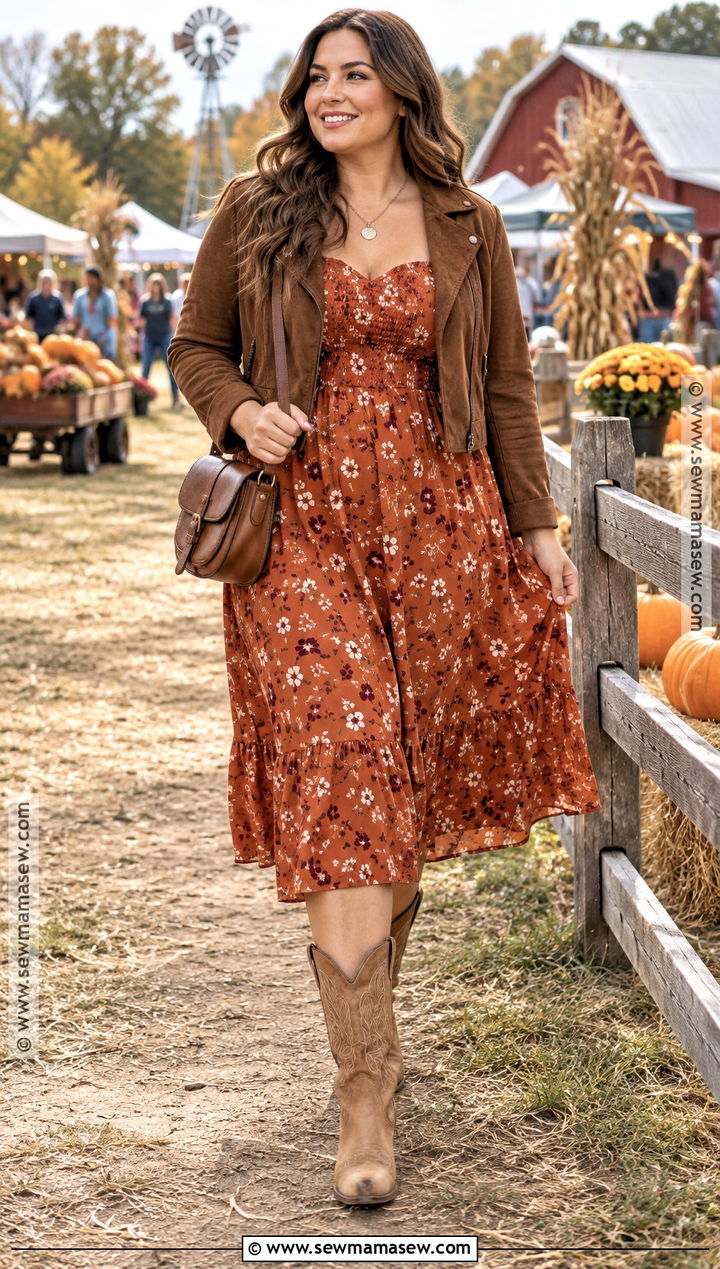 Pumpkin Floral Dress With Cowboy Boots - 15 pumpkin dress ideas for women