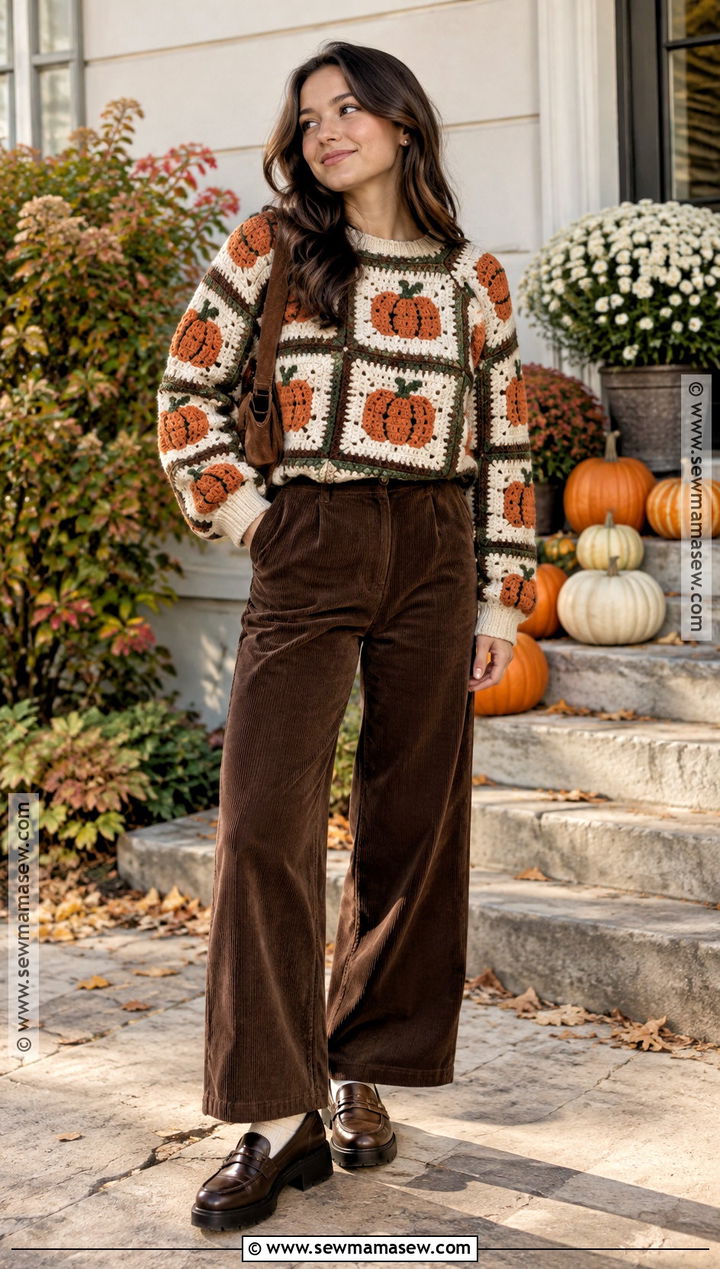 Pumpkin Granny Square Crochet Sweater With Corduroy Pants - 15 Crochet Thanksgiving Sweater Ideas