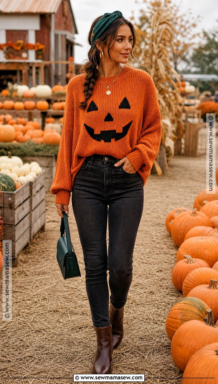 Pumpkin Halloween Outfit With Orange Sweater - 30 Simple Halloween Outfits