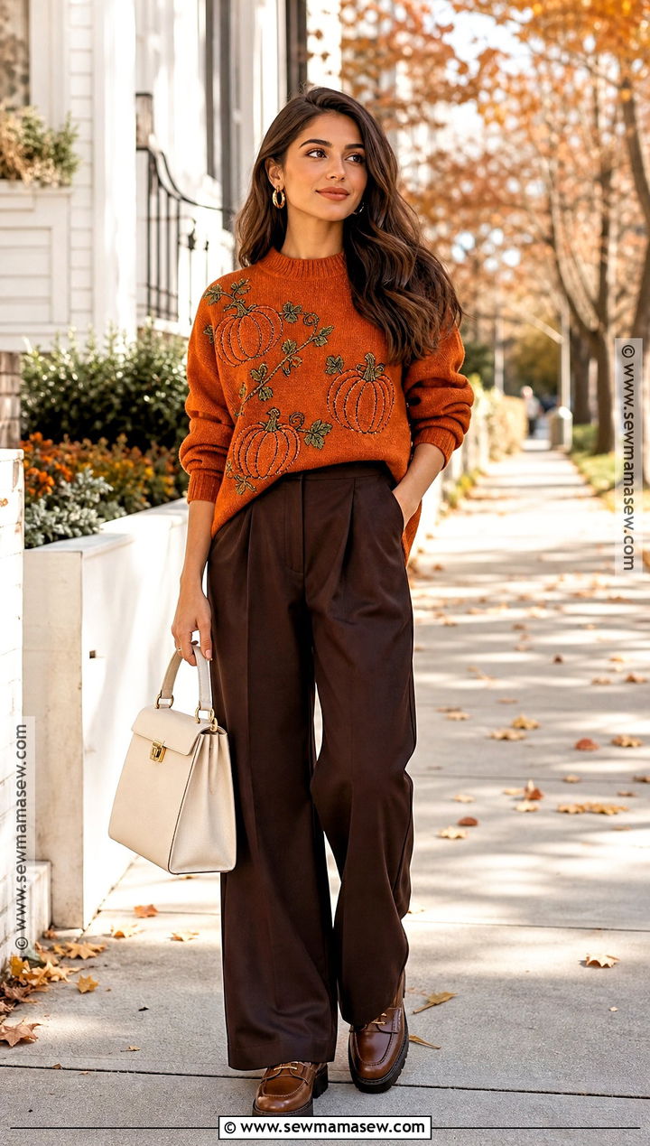 Pumpkin Halloween Sweater With Wide Leg Pants - 35 halloween sweater ideas