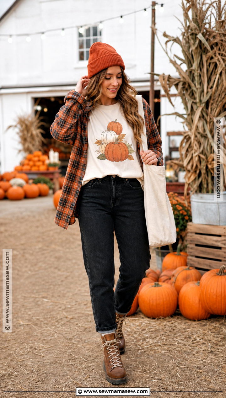 Pumpkin Halloween T Shirt With Plaid Overshirt - 30 halloween tshirt ideas