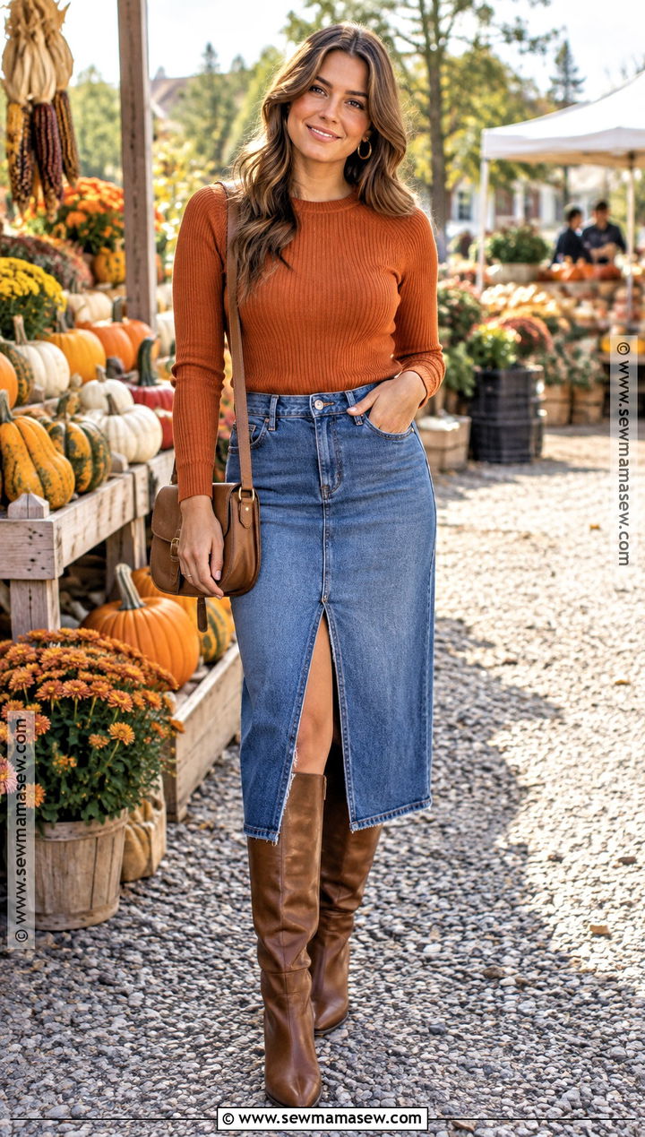 Pumpkin Jumper With Denim Midi Skirt and Knee High Boots - 15 pumpkin jumper ideas