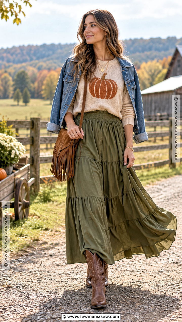 Pumpkin Jumper With Maxi Skirt and Western Boots - 15 pumpkin jumper ideas