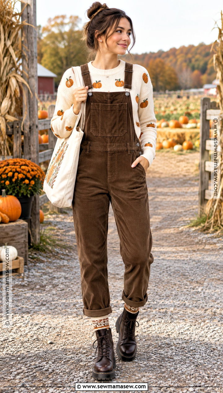 Pumpkin Jumper With Overalls and Lace Up Boots - 15 pumpkin jumper ideas
