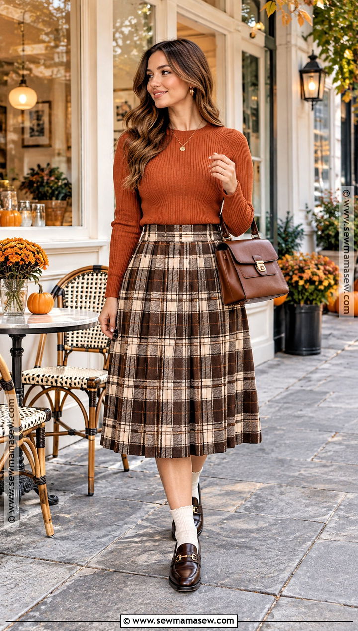 Pumpkin Jumper With Plaid Midi Skirt and Loafers - 15 pumpkin jumper ideas