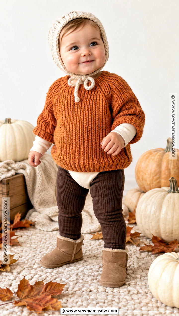 Pumpkin Knit Baby Sweater With Brown Leggings - 15 Knit Baby Sweater Fall Style Ideas