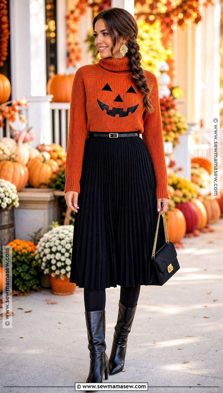 Pumpkin Knit Halloween Outfit With Midi Skirt - 50 halloween outfits