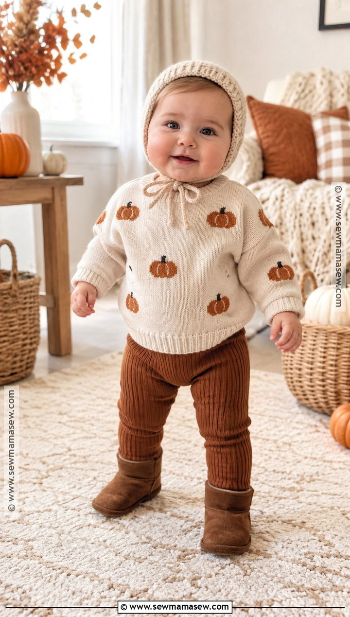Pumpkin Knit Sweater And Leggings Outfit - 15 Baby First Thanksgiving Outfit Ideas