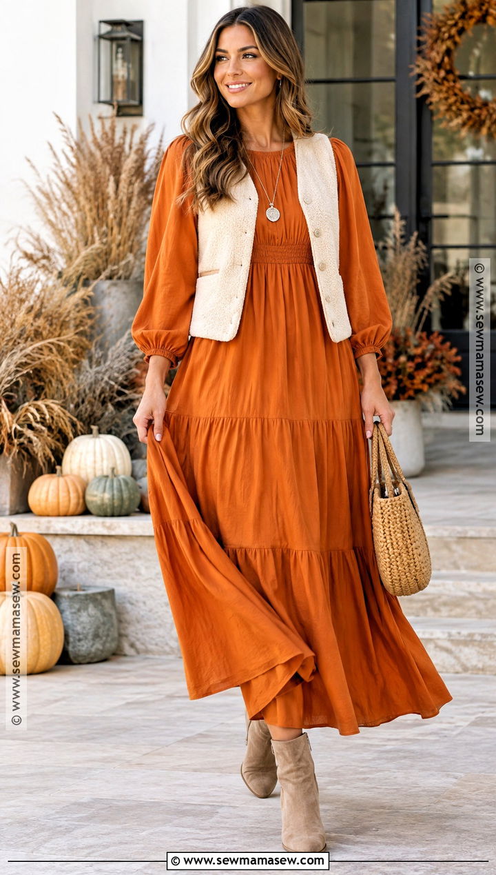 Pumpkin Maxi Dress With Suede Boots - 15 pumpkin dress ideas for women