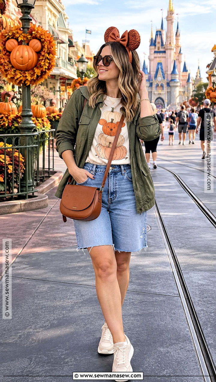 Pumpkin Mickey Tee And Denim Shorts Disney World Fall Outfit - 20 Disney World Outfits Fall