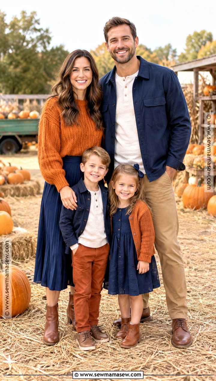 Pumpkin Orange And Navy Fall Family Photo Outfit - 20 fall outfit photoshoot family pics ideas