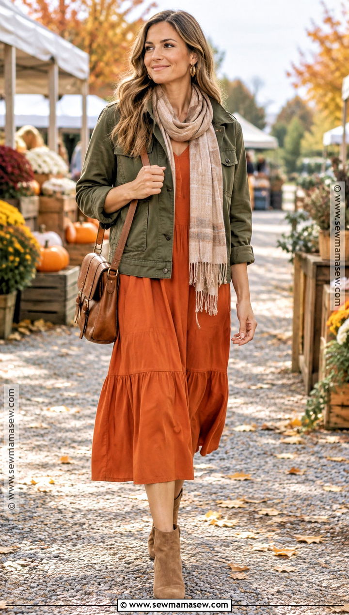 Pumpkin Orange Dress With Olive Green Jacket - 15 pumpkin orange dress ideas