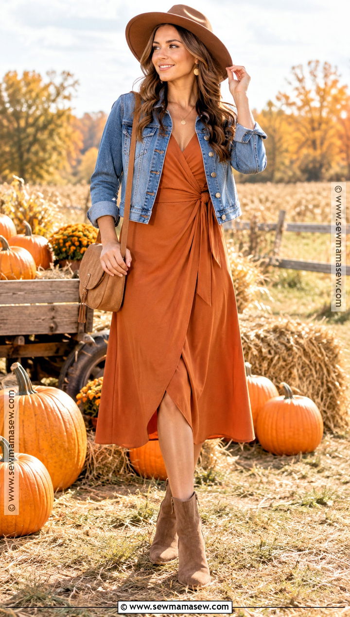 Pumpkin Orange Midi Dress With Ankle Boots - 15 Autumn Pumpkin Dress Ideas