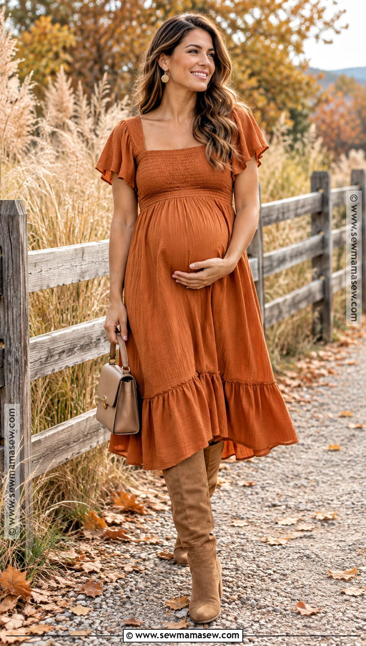 Pumpkin Orange Ruffle Dress With Suede Boots - 15 fall maternity photos orange dress ideas