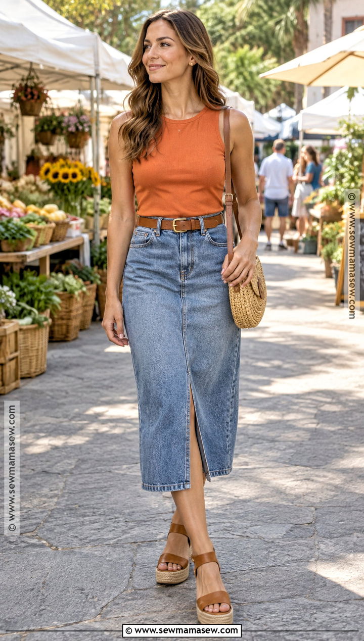 Pumpkin Orange Top And Denim Skirt Outfit - 20 True Autumn Color Palette Outfits Summer